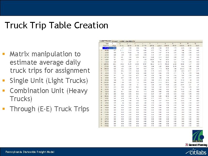 Truck Trip Table Creation § Matrix manipulation to estimate average daily truck trips for