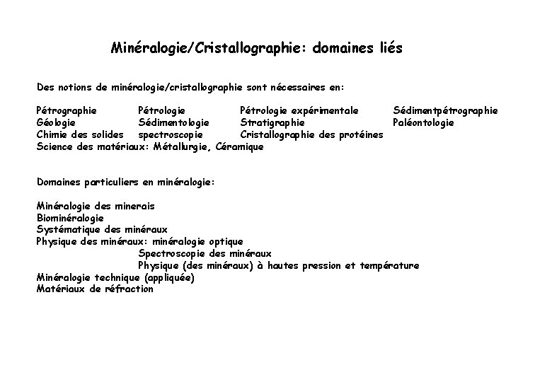 Minéralogie/Cristallographie: domaines liés Des notions de minéralogie/cristallographie sont nécessaires en: Pétrographie Pétrologie expérimentale Géologie