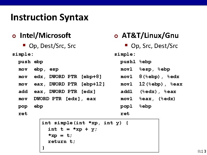 Instruction Syntax ¢ Intel/Microsoft § Op, Dest/Src, Src simple: push ebp mov ebp, esp Instruction Syntax ¢ Intel/Microsoft § Op, Dest/Src, Src simple: push ebp mov ebp, esp