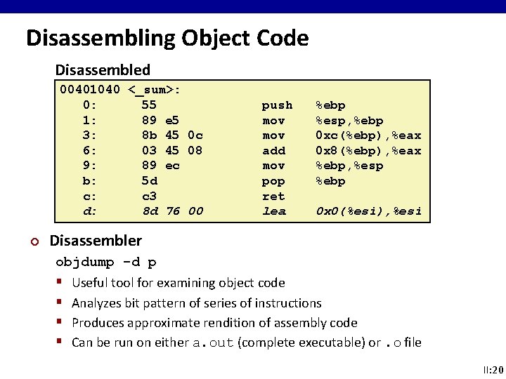 Disassembling Object Code Disassembled 00401040 <_sum>: 0: 55 1: 89 e 5 3: 8 Disassembling Object Code Disassembled 00401040 <_sum>: 0: 55 1: 89 e 5 3: 8