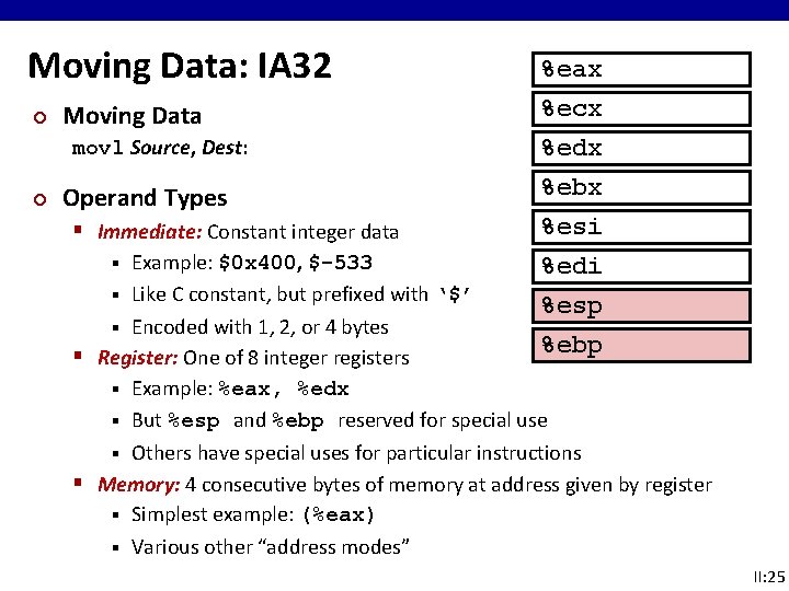 Moving Data: IA 32 ¢ Moving Data movl Source, Dest: ¢ Operand Types § Moving Data: IA 32 ¢ Moving Data movl Source, Dest: ¢ Operand Types §