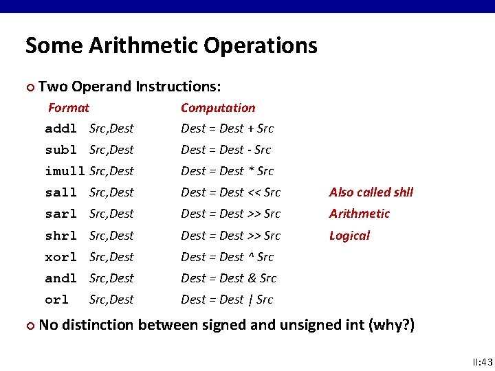 Some Arithmetic Operations ¢ Two Operand Instructions: Format addl Src, Dest Computation Dest = Some Arithmetic Operations ¢ Two Operand Instructions: Format addl Src, Dest Computation Dest =