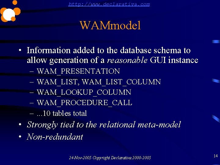 http: //www. declarativa. com WAMmodel • Information added to the database schema to allow