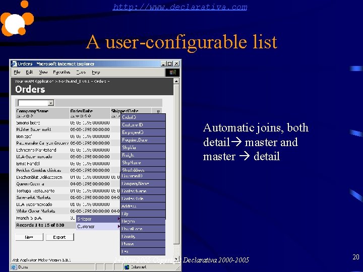 http: //www. declarativa. com A user-configurable list Automatic joins, both detail master and master
