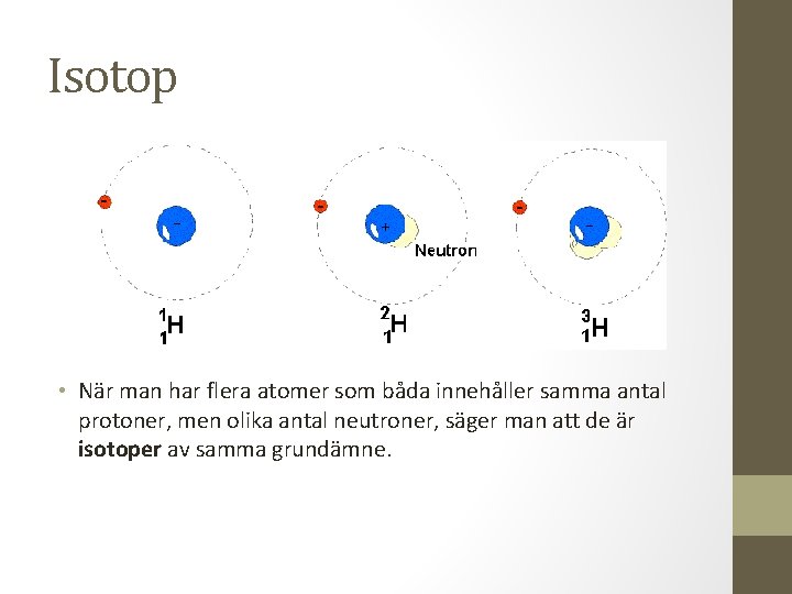 Isotop • När man har flera atomer som båda innehåller samma antal protoner, men