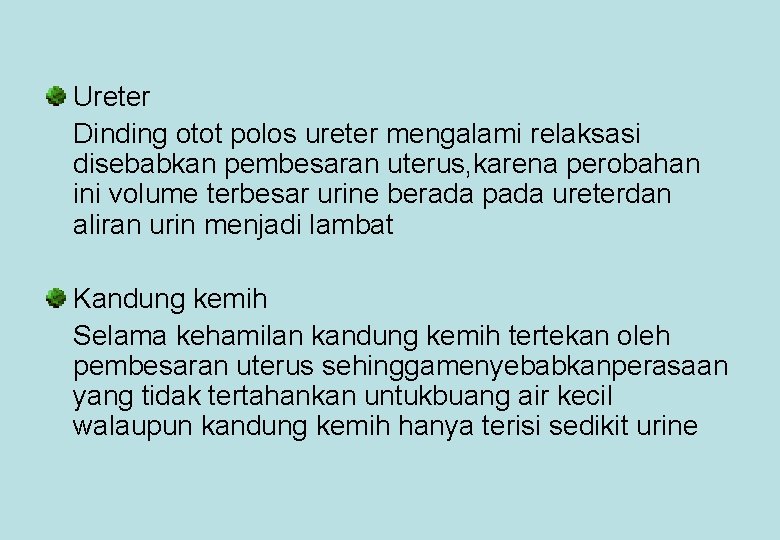 Ureter Dinding otot polos ureter mengalami relaksasi disebabkan pembesaran uterus, karena perobahan ini volume