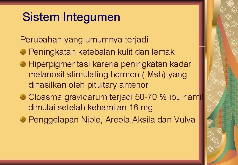 Sistem Integumen Perubahan yang umumnya terjadi Peningkatan ketebalan kulit dan lemak Hiperpigmentasi karena peningkatan