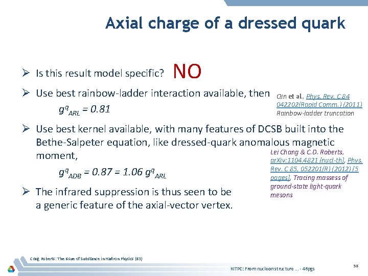 Axial charge of a dressed quark Ø Is this result model specific? NO Ø