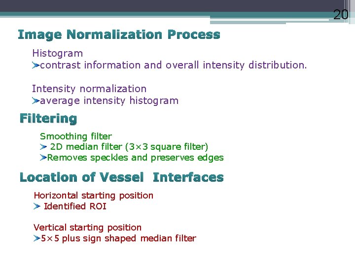20 Image Normalization Process Histogram contrast information and overall intensity distribution. Intensity normalization average