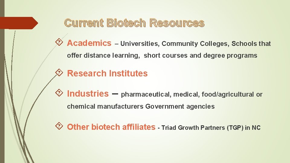 Current Biotech Resources Academics – Universities, Community Colleges, Schools that offer distance learning, short