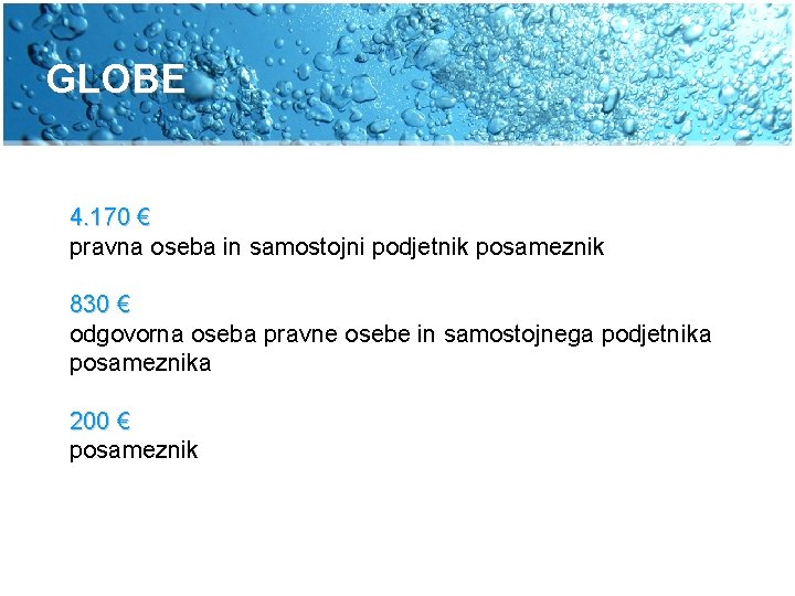 GLOBE 4. 170 € pravna oseba in samostojni podjetnik posameznik 830 € odgovorna oseba