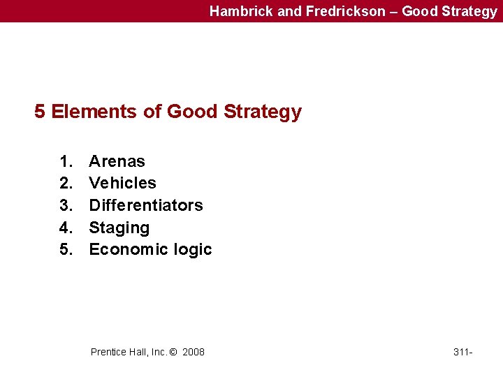 Hambrick and Fredrickson – Good Strategy 5 Elements of Good Strategy 1. 2. 3.