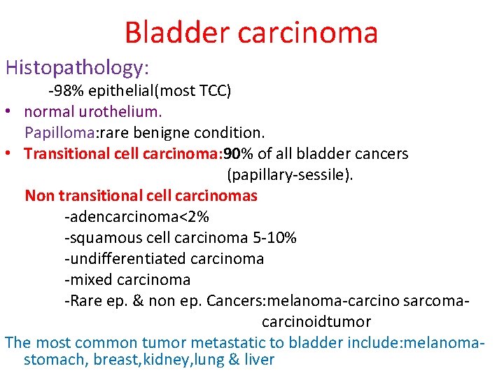 Bladder carcinoma Histopathology: -98% epithelial(most TCC) • normal urothelium. Papilloma: rare benigne condition. •