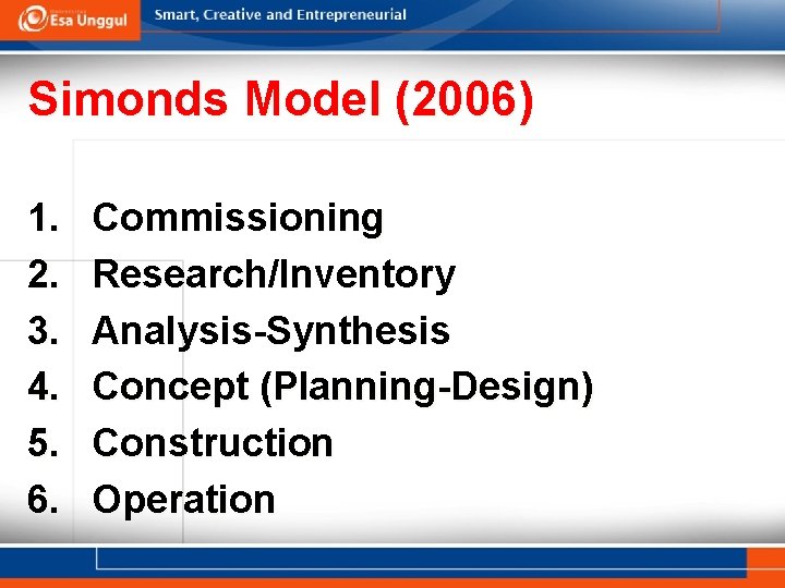 Simonds Model (2006) 1. 2. 3. 4. 5. 6. Commissioning Research/Inventory Analysis-Synthesis Concept (Planning-Design)