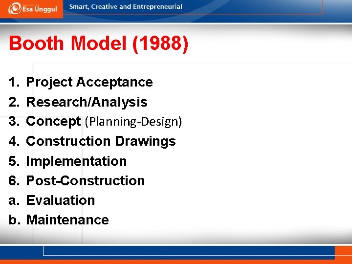 Booth Model (1988) 1. 2. 3. 4. 5. 6. a. b. Project Acceptance Research/Analysis