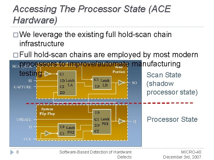 Accessing The Processor State (ACE Hardware) � We leverage the existing full hold-scan chain