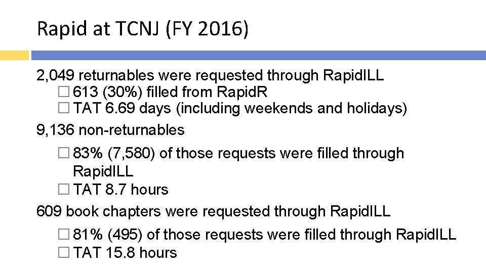 Rapid at TCNJ (FY 2016) 2, 049 returnables were requested through Rapid. ILL �