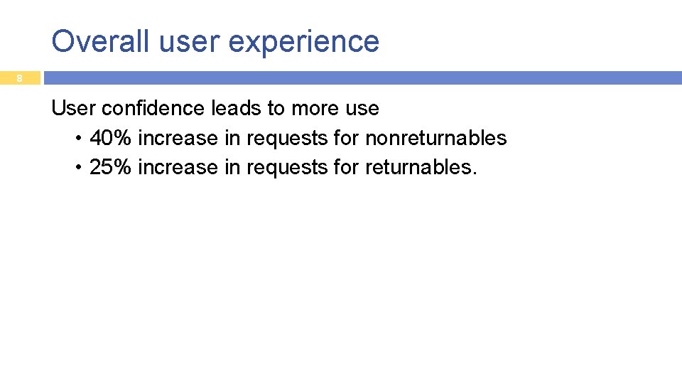 Overall user experience 8 User confidence leads to more use • 40% increase in