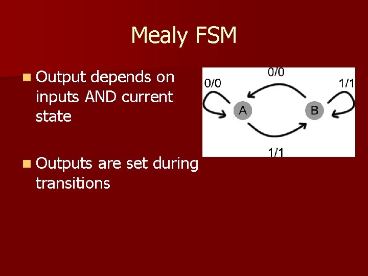 Mealy FSM n Output depends on inputs AND current state n Outputs are set