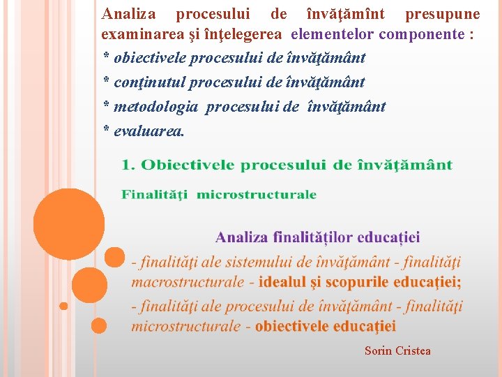Analiza procesului de învăţămînt presupune examinarea şi înţelegerea elementelor componente : * obiectivele procesului