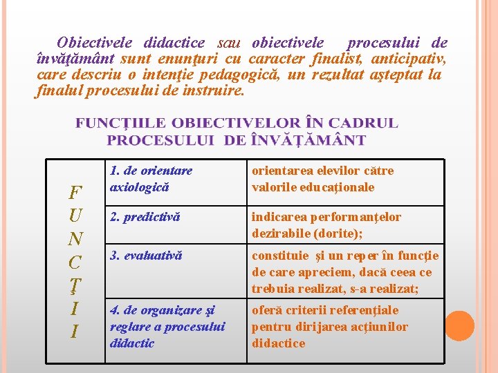 Obiectivele didactice sau obiectivele procesului de învăţământ sunt enunţuri cu caracter finalist, anticipativ, care