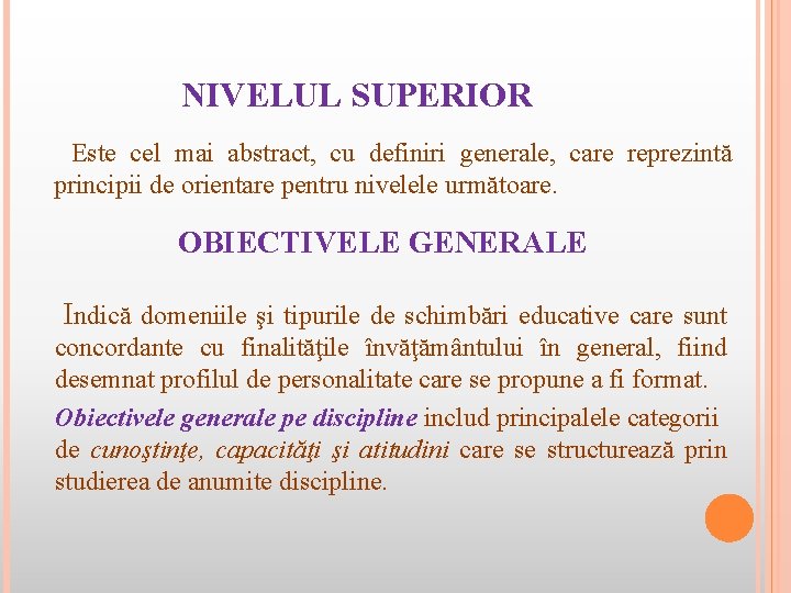 NIVELUL SUPERIOR Este cel mai abstract, cu definiri generale, care reprezintă principii de orientare