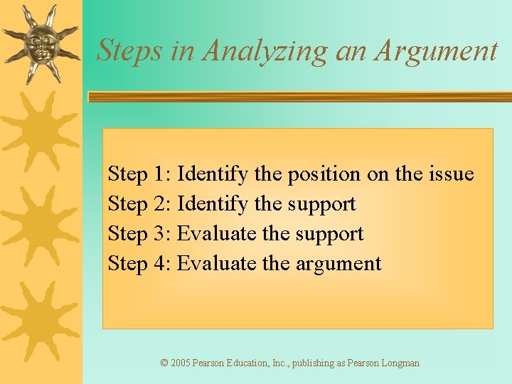 Steps in Analyzing an Argument Step 1: Identify the position on the issue Step