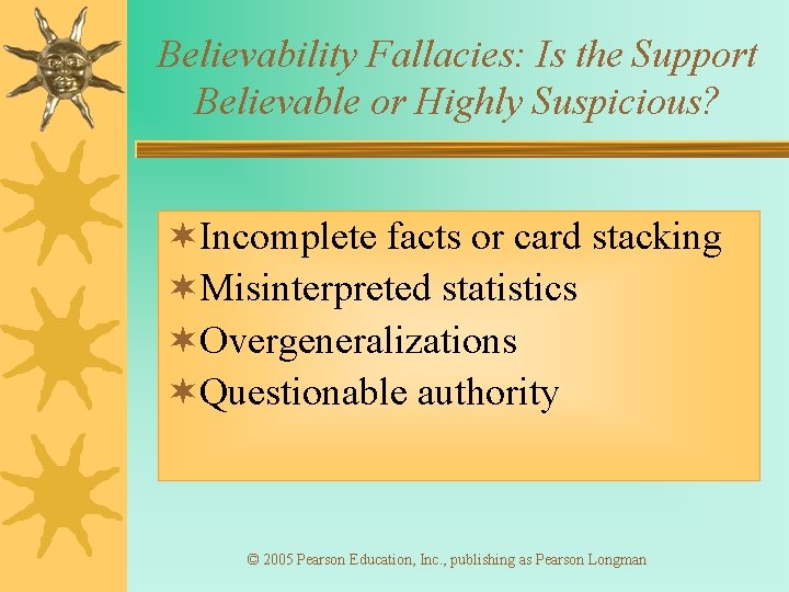 Believability Fallacies: Is the Support Believable or Highly Suspicious? ¬Incomplete facts or card stacking