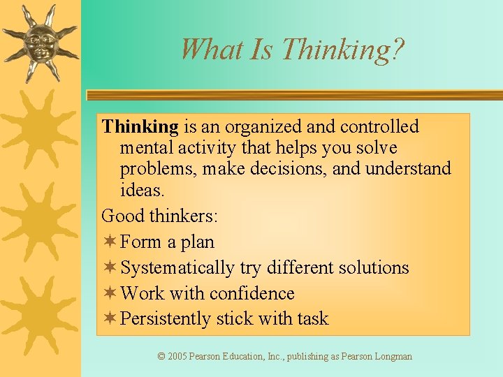 What Is Thinking? Thinking is an organized and controlled mental activity that helps you