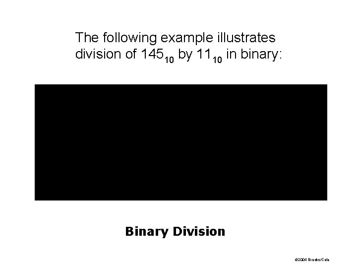 The following example illustrates division of 14510 by 1110 in binary: Binary Division ©