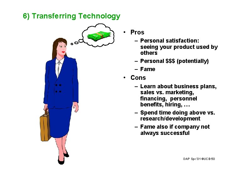 6) Transferring Technology • Pros – Personal satisfaction: seeing your product used by others