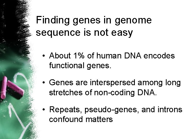 Finding genes in genome sequence is not easy • About 1% of human DNA
