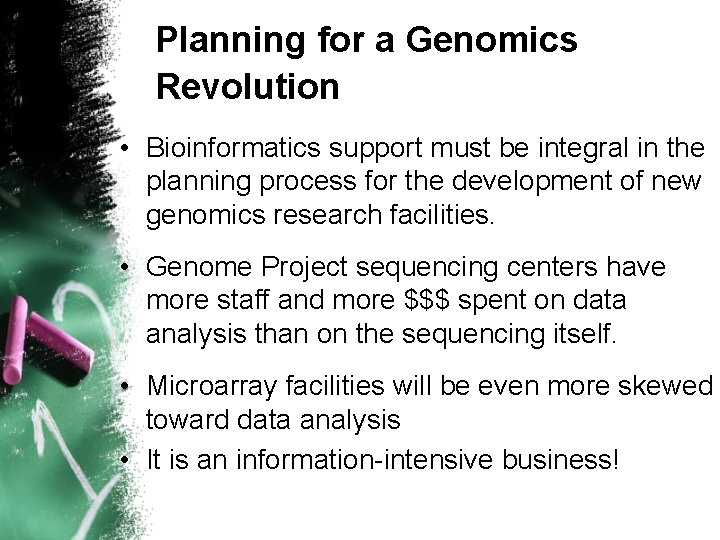 Planning for a Genomics Revolution • Bioinformatics support must be integral in the planning