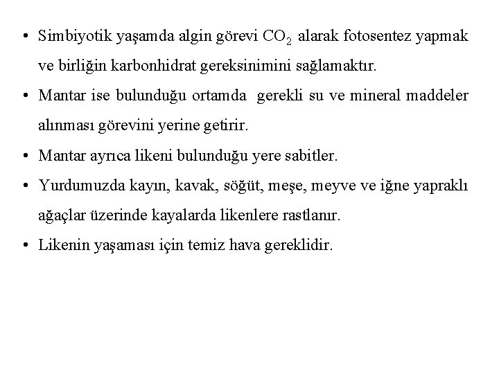  • Simbiyotik yaşamda algin görevi CO 2 alarak fotosentez yapmak ve birliğin karbonhidrat