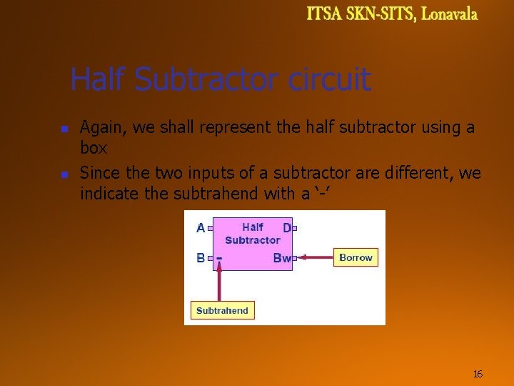 Half Subtractor circuit n n Again, we shall represent the half subtractor using a Half Subtractor circuit n n Again, we shall represent the half subtractor using a