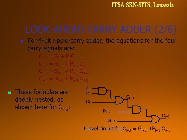 LOOK-AHEAD CARRY ADDER (2/6) n For 4 -bit ripple-carry adder, the equations for the LOOK-AHEAD CARRY ADDER (2/6) n For 4 -bit ripple-carry adder, the equations for the