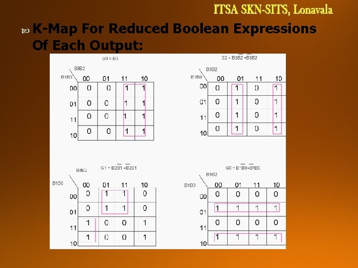 K-Map For Reduced Boolean Expressions Of Each Output:   K-Map For Reduced Boolean Expressions Of Each Output: