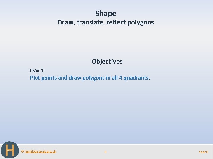 Shape Draw, translate, reflect polygons Objectives Day 1 Plot points and draw polygons in