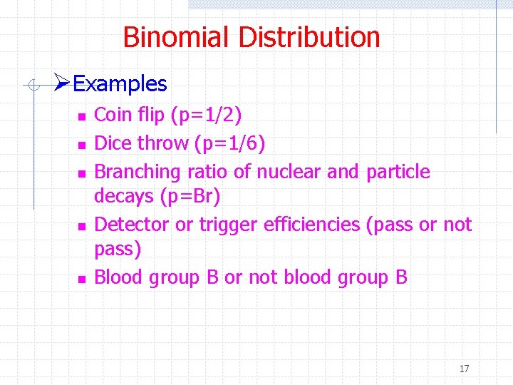 Binomial Distribution ØExamples n n n Coin flip (p=1/2) Dice throw (p=1/6) Branching ratio