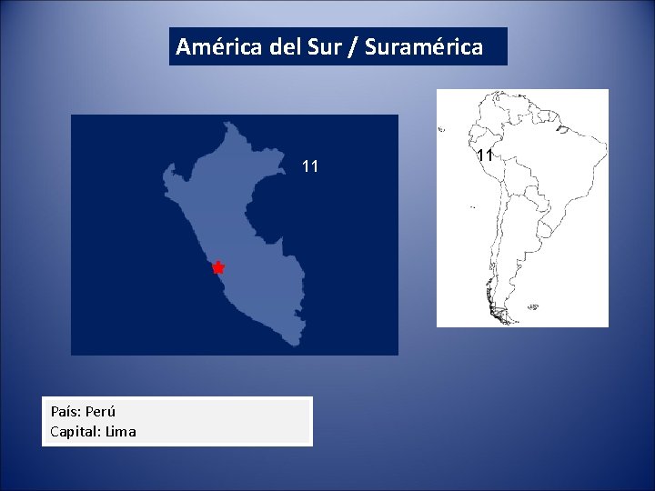 América del Sur / Suramérica 11 País: Perú Capital: Lima 11 América del Sur / Suramérica 11 País: Perú Capital: Lima 11