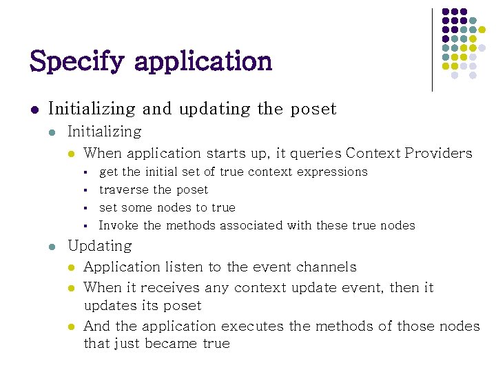 Specify application l Initializing and updating the poset l Initializing l When application starts Specify application l Initializing and updating the poset l Initializing l When application starts