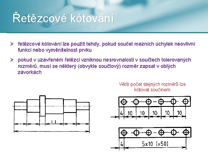 Řetězcové kótování Ø řetězcové kótování lze použít tehdy, pokud součet mezních úchylek neovlivní funkci