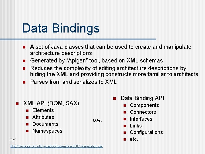 Data Bindings A set of Java classes that can be used to create and