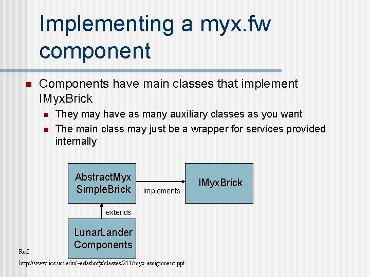 Implementing a myx. fw component n Components have main classes that implement IMyx. Brick