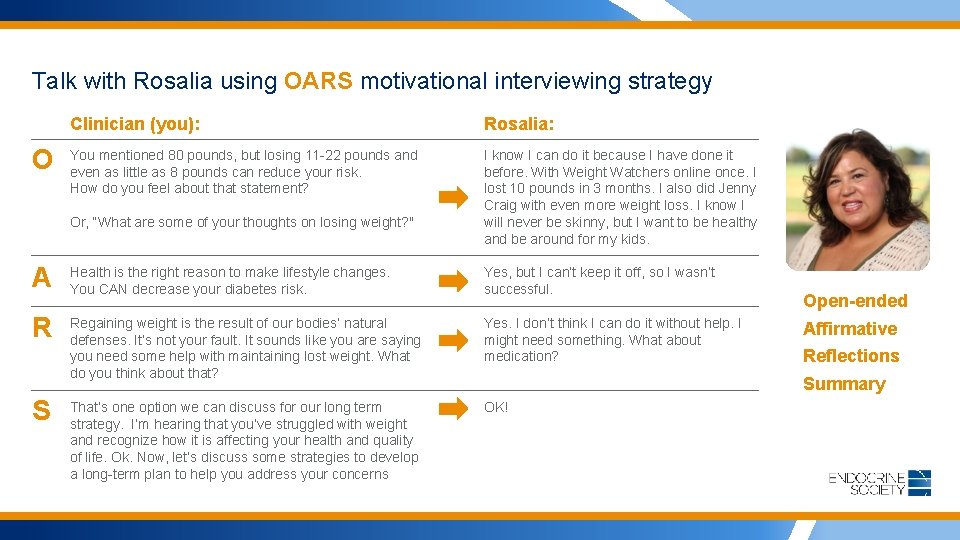 Talk with Rosalia using OARS motivational interviewing strategy O Clinician (you): Rosalia: You mentioned