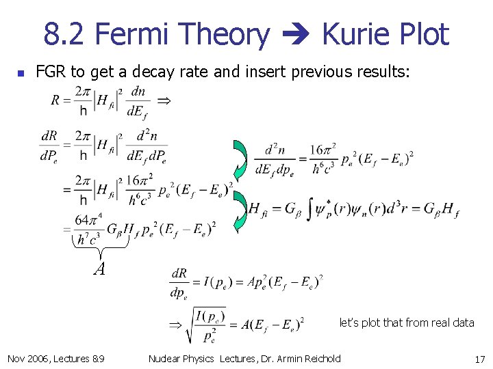 8. 2 Fermi Theory Kurie Plot n FGR to get a decay rate and
