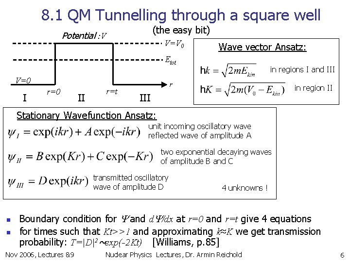 8. 1 QM Tunnelling through a square well (the easy bit) Potential : V