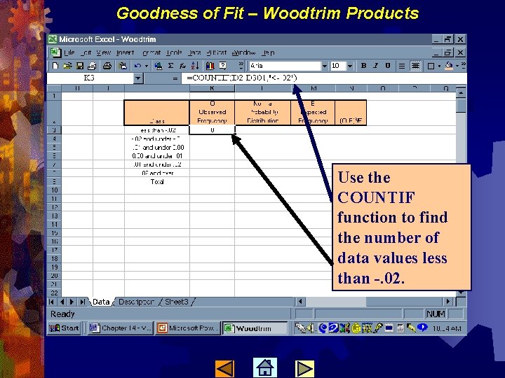 Goodness of Fit – Woodtrim Products Use the COUNTIF function to find the number