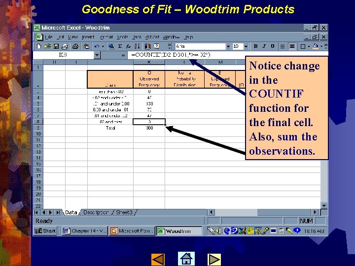 Goodness of Fit – Woodtrim Products Notice change in the COUNTIF function for the