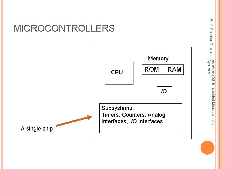 Prof. Cherrice Traver MICROCONTROLLERS CPU ROM RAM I/O Subsystems: Timers, Counters, Analog Interfaces, I/O